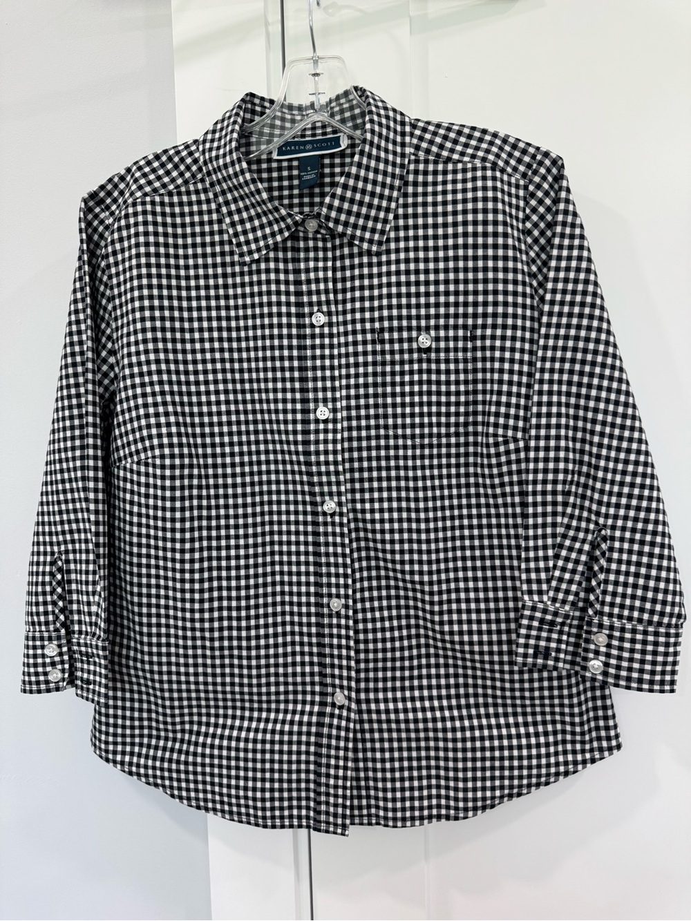 Karen Scott Women’s Black & White Gingham Button-Down Shirt 3/4 sleeve small